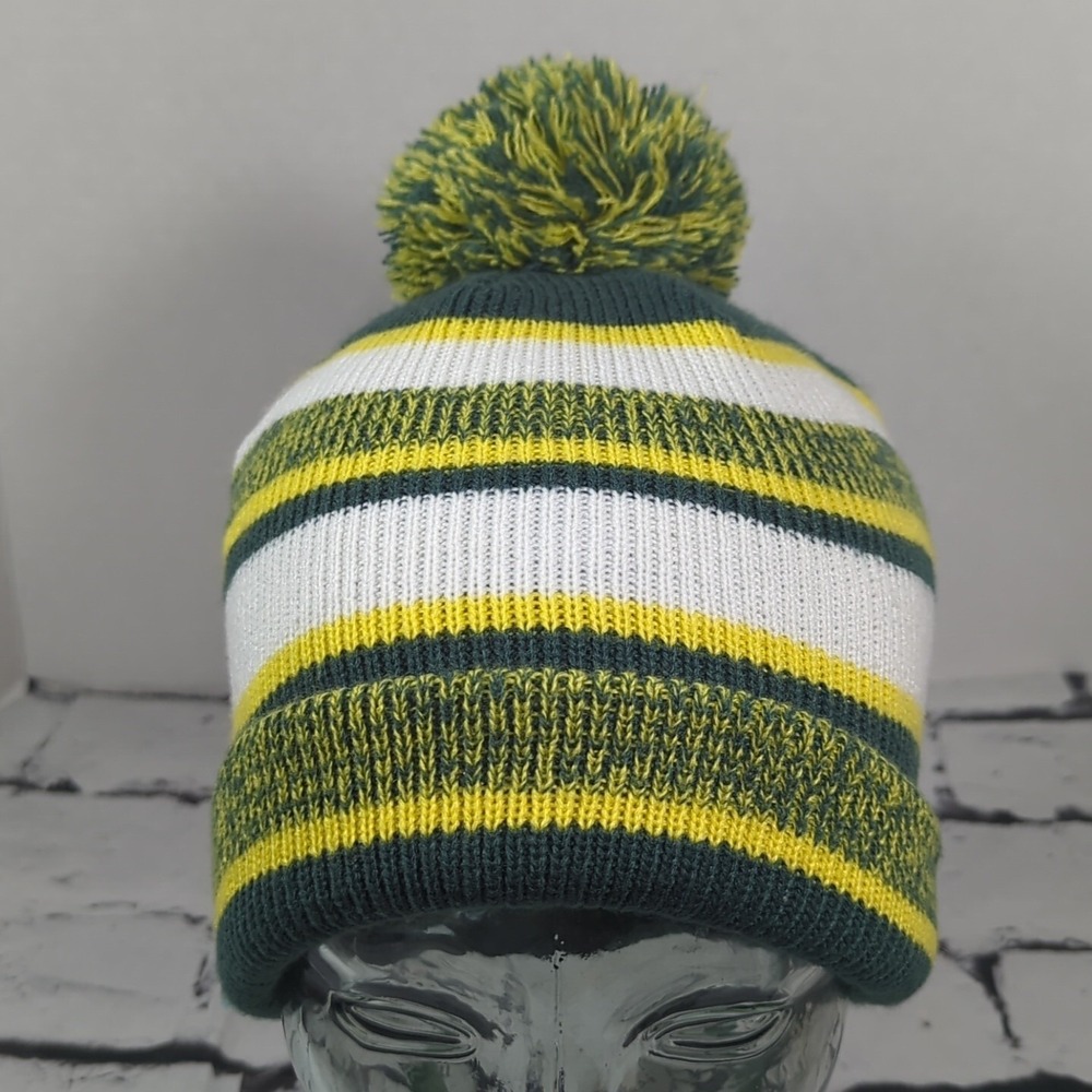 Dorfman Pacific Beanie Cap Knit Hat Pom-Pom Green Yellow Stiped
